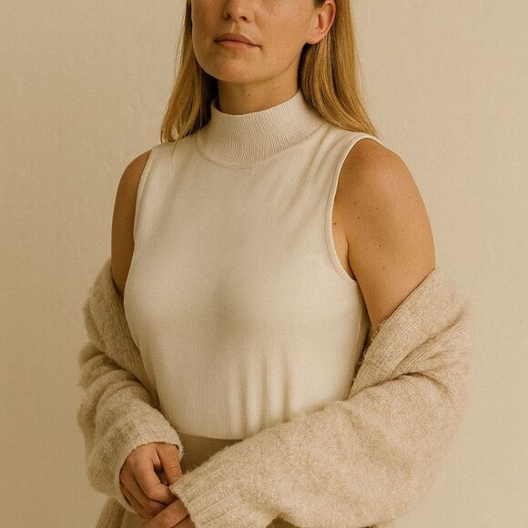 VTG Pullover Shell/Sweater Mock Neck Cream Sleeveless L Tank Quiet Luxury - Picture 1 of 6